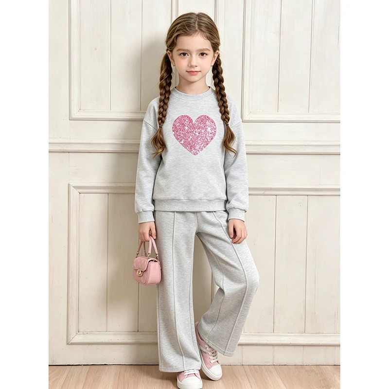 Children‘s Autumn Winter Warm Clothes Sets For Girls Solid Color Heart Print Top And Pants Daily Causal Sports Loose Lounge Wear