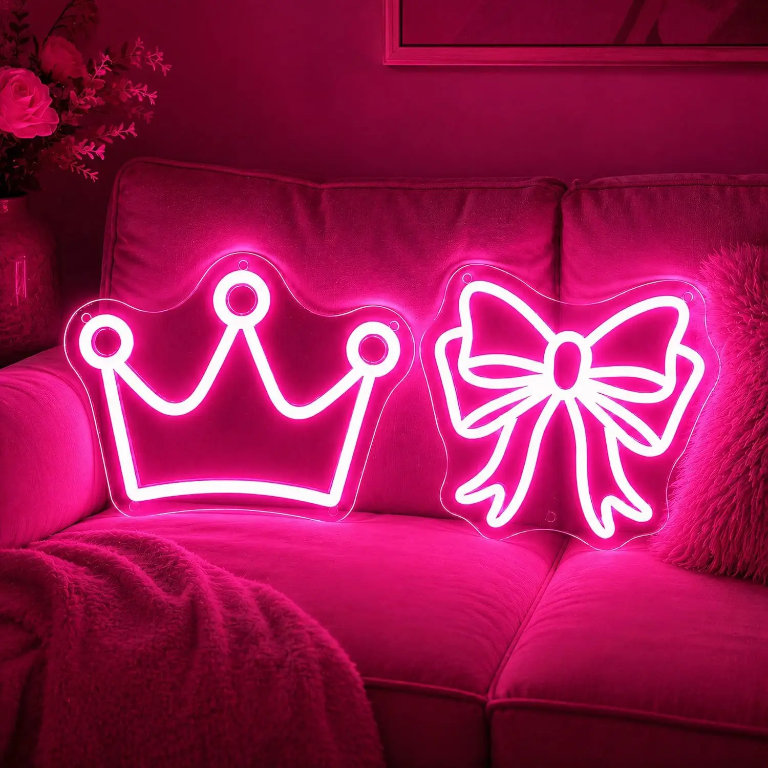 2Pcs Crown Bow Neon Sign Pink LED Coquette Princess Bowknot Wall Light for Girls Bedroom Birthday Party Wedding Decor Gift