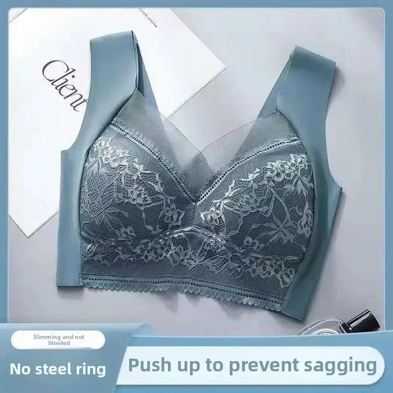Sutiã feminino verão gelo seda renda fina sem costura beleza volta roupa interior feminina reunindo sem anel rígido copo fixo sem costura estilo colete