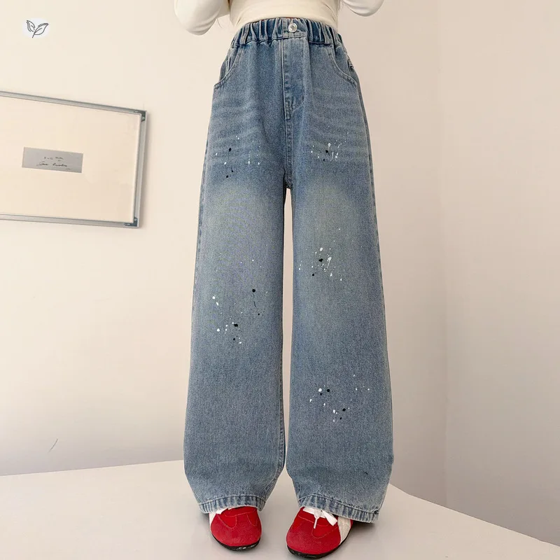 Girls' Graffiti Splatter Straight-Leg Jeans, Vintage Wash Straight Pants, Suitable for School Uniforms and Campus Parties