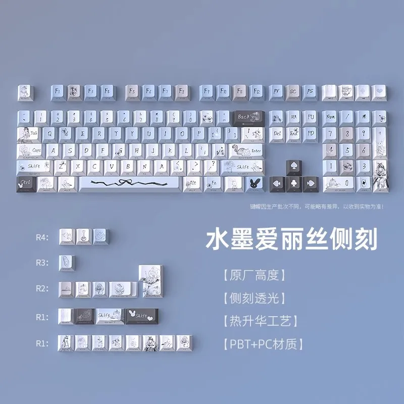 

Water-Media Alice Keycaps Pbt Full Set 128 Keys Side-Engraved Heat Sublimation For Computer Office Equipment Accessories