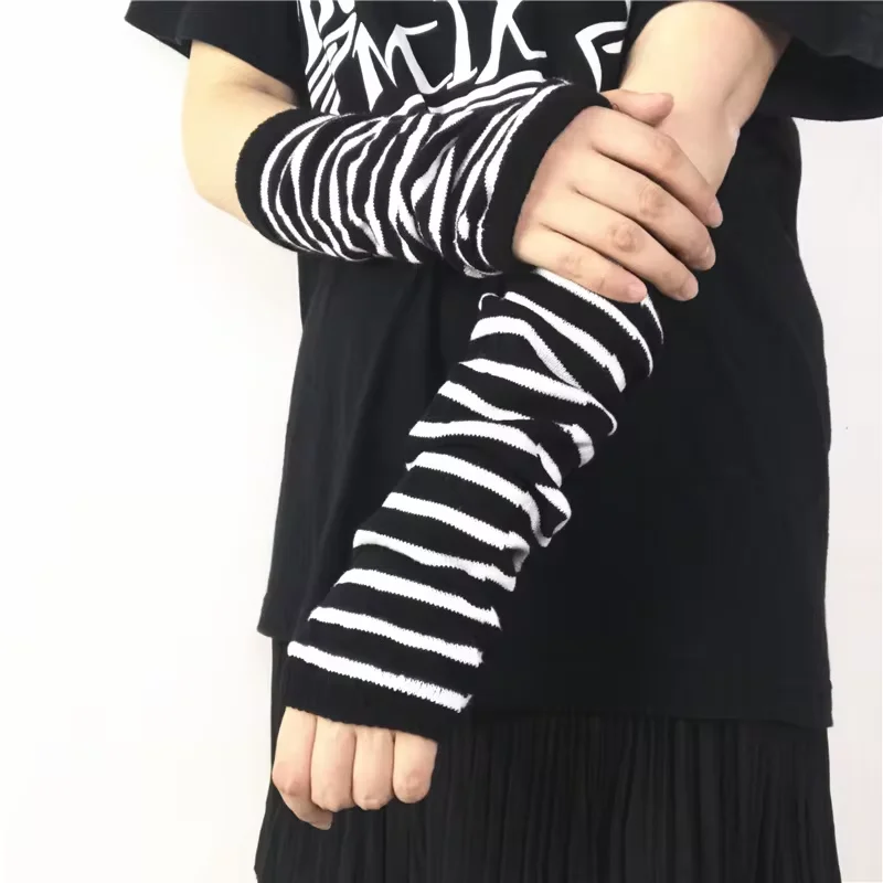 

Men Women's Summer Winter Long Knitted Stripe Hip-Hop Emo Gothic Lolita Black Fingerless Gloves Girls Boys Arm Warmers Gloves