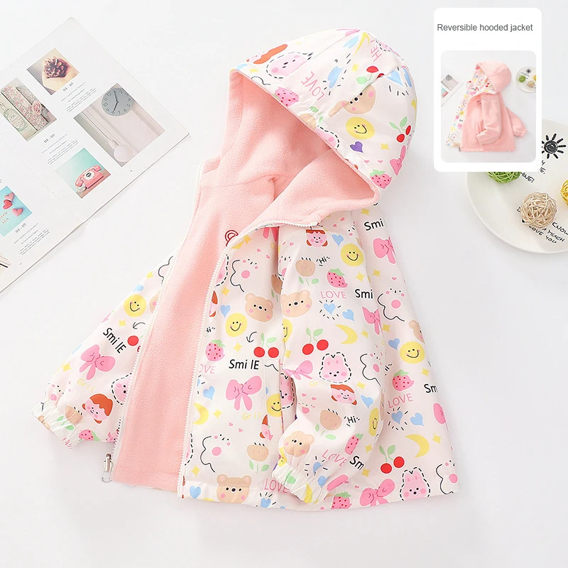 Girls' Reversible Jacket Fleece Hooded Coat Waterproof Jacket Warm Clothes Girl's Spring and autumn Clothes