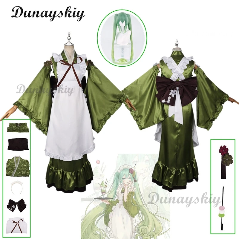 New Miikuu Matcha Green Cosplay Costume Parfait Apron Long and Wide Sleeved Dress Girl Kimono Wig Women Birthday Party Gifts