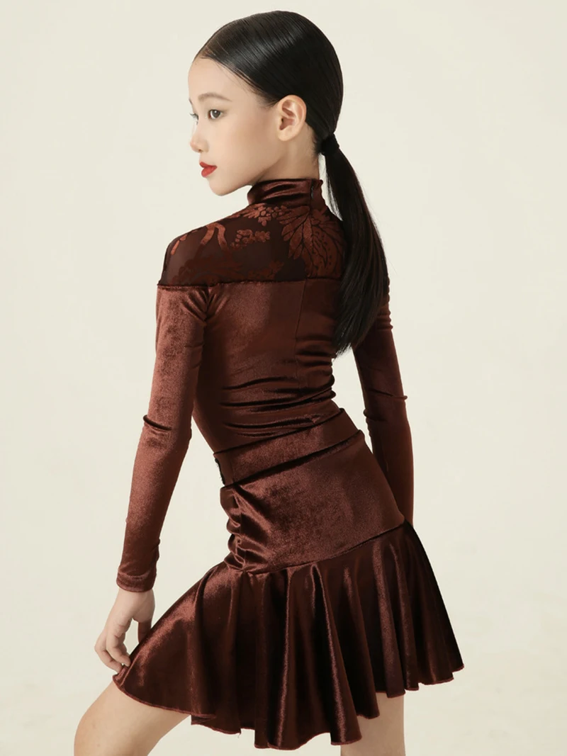 Jupes à volants en velours café pour enfants, robe de danse moderne, spectacle de compétition, Costume de danse Standard National pour filles