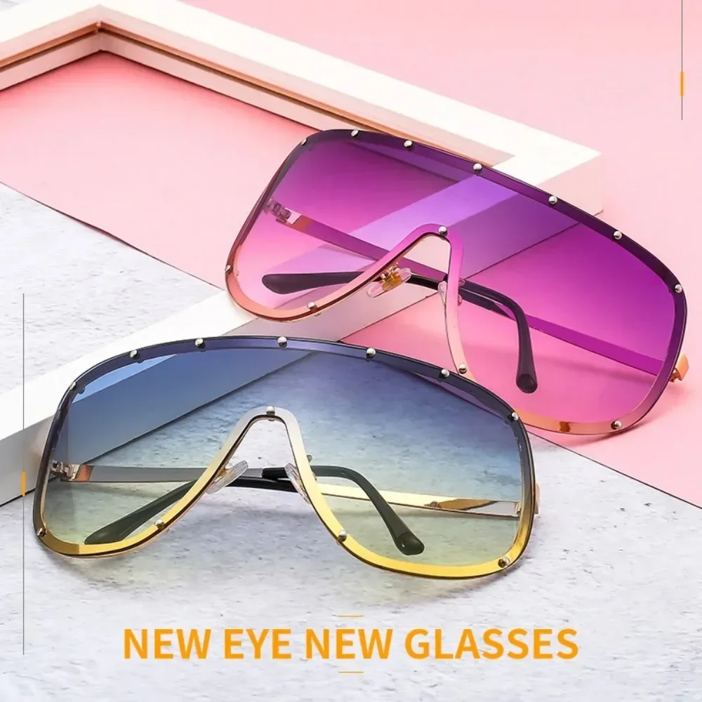 One Piece Sunglasses Women Men Fashion Big Frame Wind Goggles Vintage Eyeglasses with Nails Driving UV400 Oculos De Sol