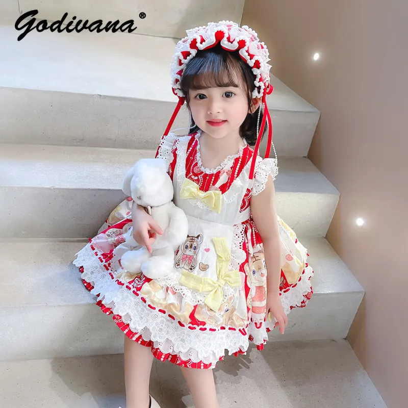 Sweet Baby Girls 2026 Summer New Lolita Dress Childrens Fashion Feifei Sleeve Lace Trim Cartoon Print Bow Princess Party Gown