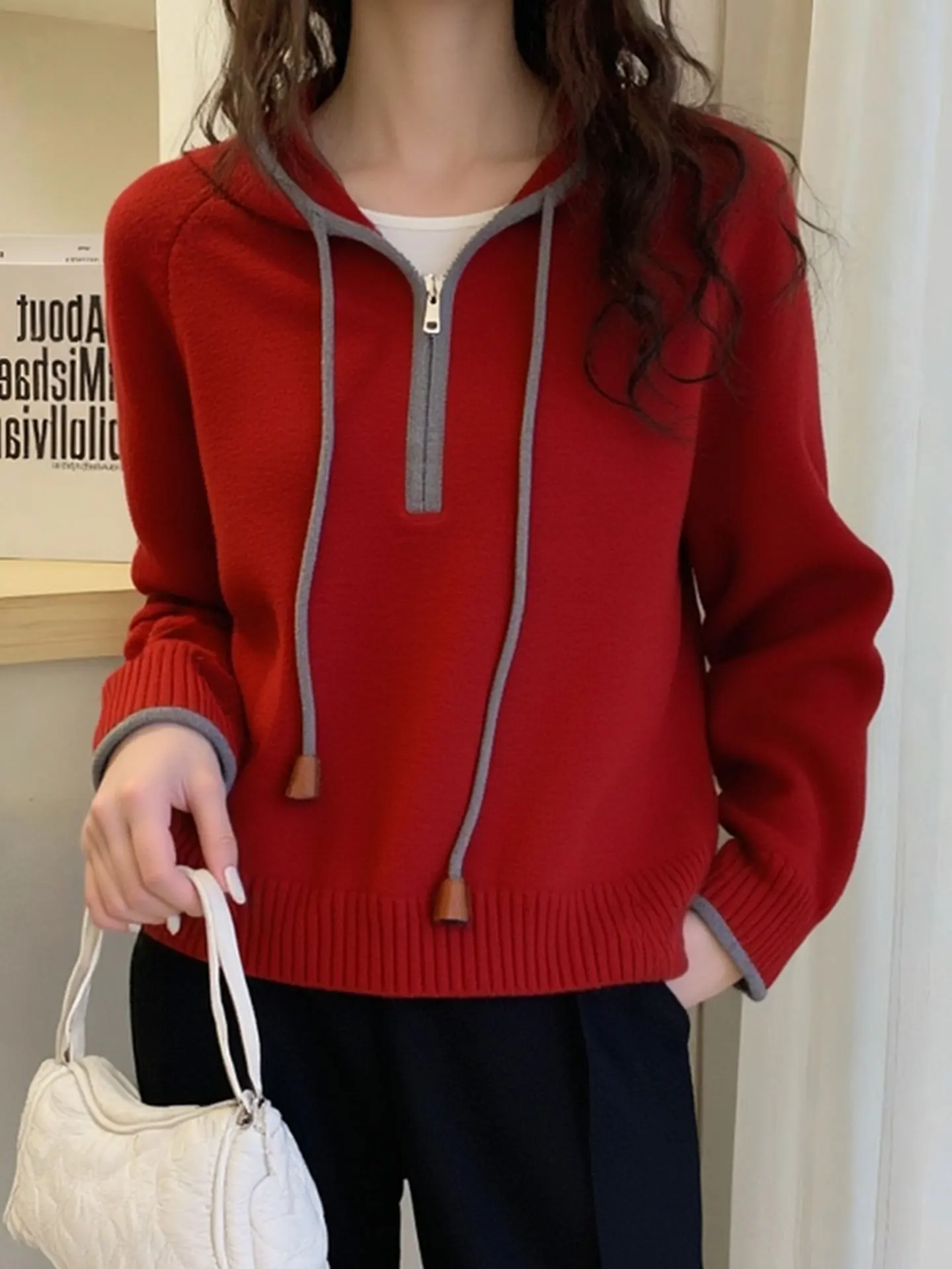 Felpa con cappuccio lunga rossa di Capodanno Sve Camere maglione lavorato a maglia da donna sciolto pigro Sle inverno top caldo termico versione coreana