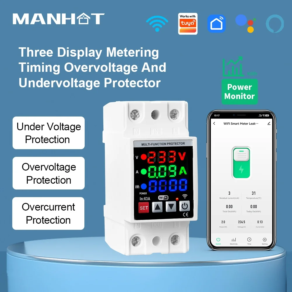 

Manhot 2P 63A Smart Life WIFI Switch kWh Metering Circuit Breaker with Over Voltage Current and Under Voltage Protective Device