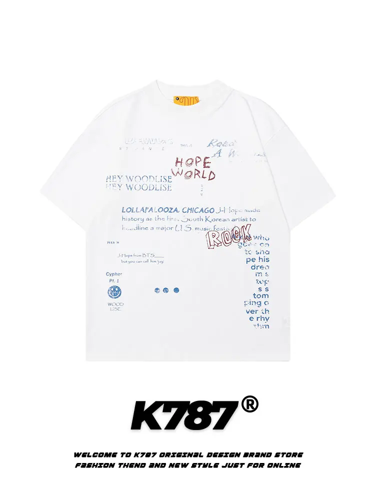 

K787 Футболка с буквенным принтом в американском стиле ретро ort Sve, свободная футболка для пар, топ из смеси хлопка и полиэстера...