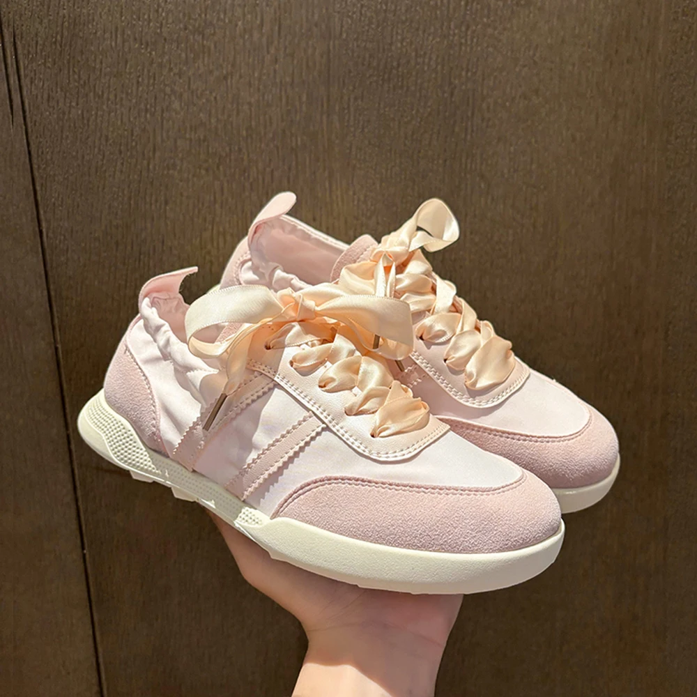 

2024 New Soft Flats Summer Ribbon Casual Footwear Fashion Breathable White Pink Canvas Shoes Women Comfortable Platform Sneakers