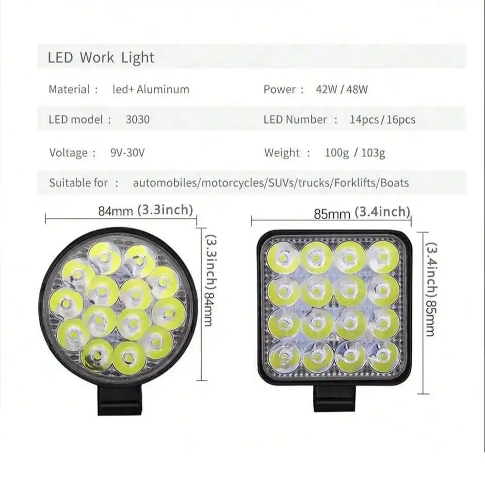 1pcs 48W Car LED Bar Worklight MINI 16SMD Round Square Work Light 12V Auto Light Fog Lamp off Road for ATV SUV Spotlight