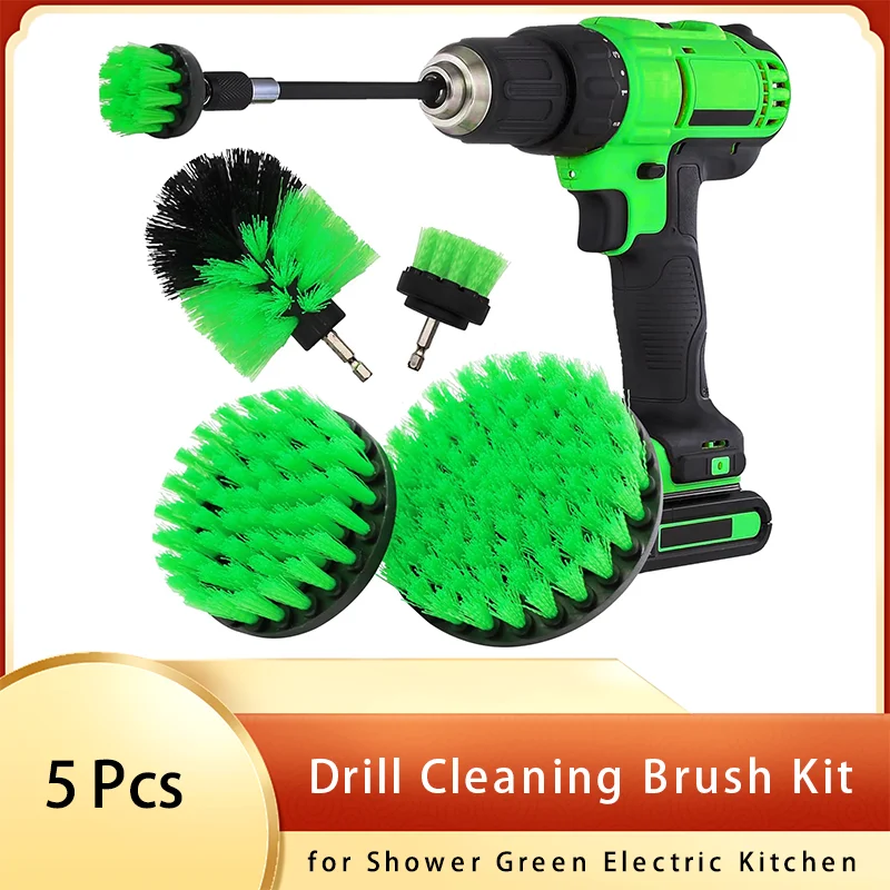 5 Pcs Power Drill Cleaning Brush Set Green 2/3.5/4/5 Inch for Cleaning Bathroom Surfaces Tile, Grout Power Scrubber ﻿