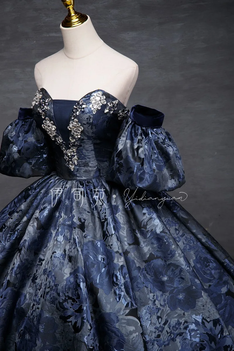 luxury navy flower beading long medieval dress ball gown dress Venice carnival gown Medieval Renaissance