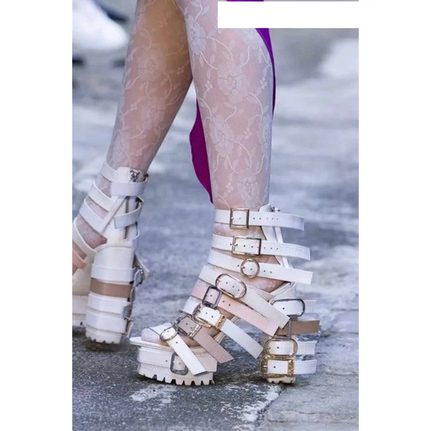

Patchwork Belt Buckle Round Toe Platform Summer Women Sandals Chunky High Heels Buckle Strap Design Large Size Shoes