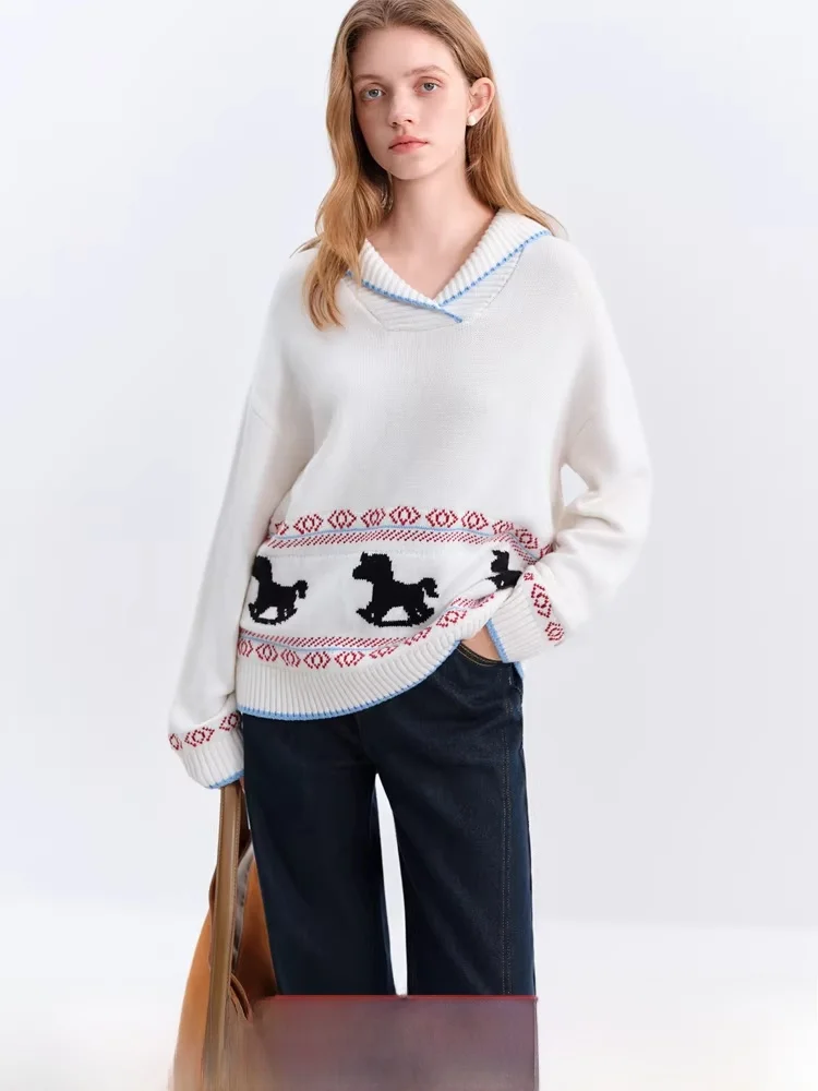 

Забавный вязаный свитер, внутренняя одежда, контрастный цвет, отложной воротник, зима, Новое поступление, женский топ стандартного кроя из нейлонового волокна