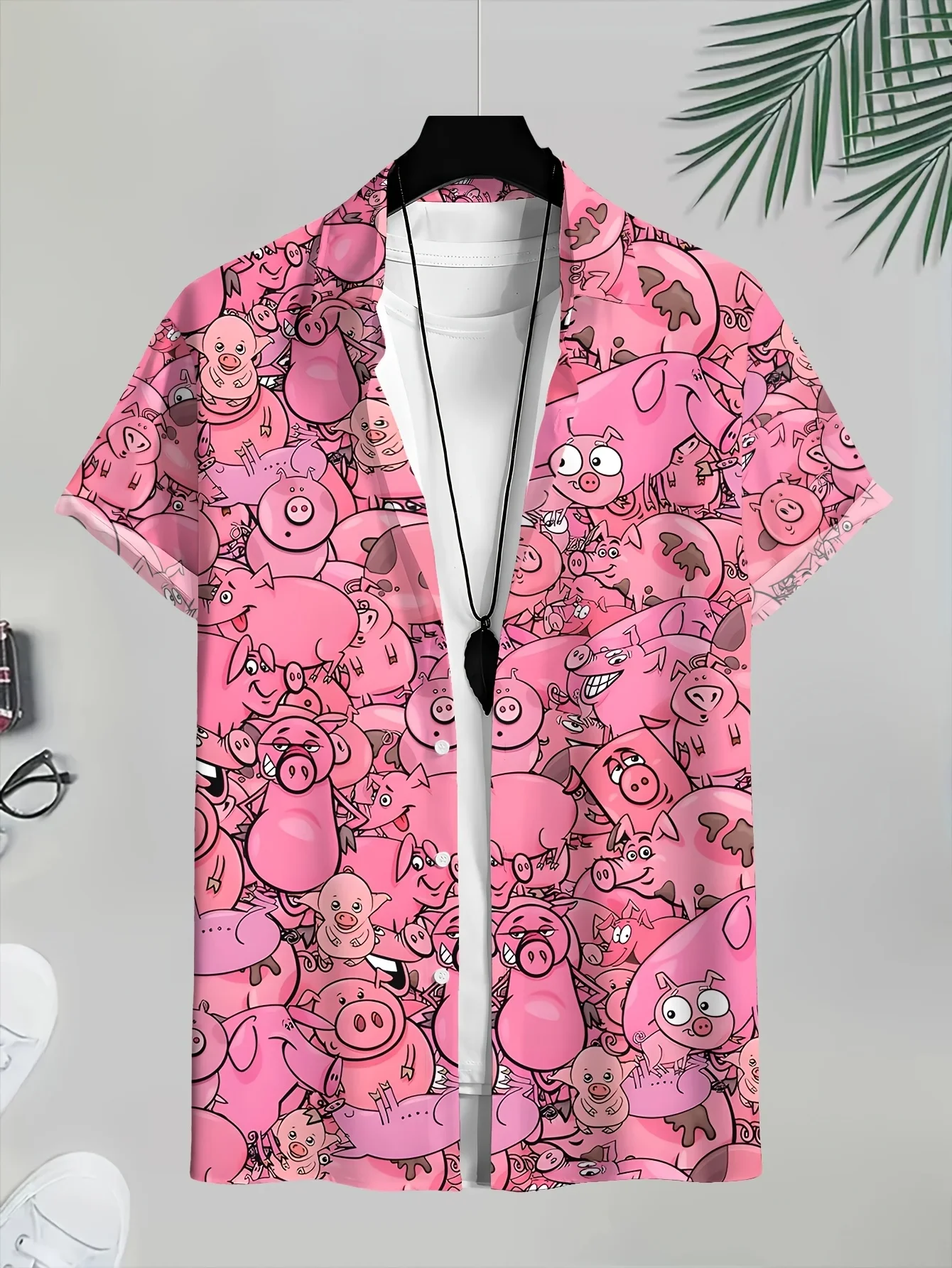 Funny Cartoon Pig Doodle Aloha Shirt Men All Pink Animal Print Loose Short Sleeve Lightweight Vacation Casual Top
