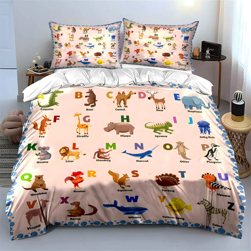 Cartoon animal alphabet illustration Print Bedding set 3PC 1 duvet cover 2 pillowcases adult and children bedding set Luxury