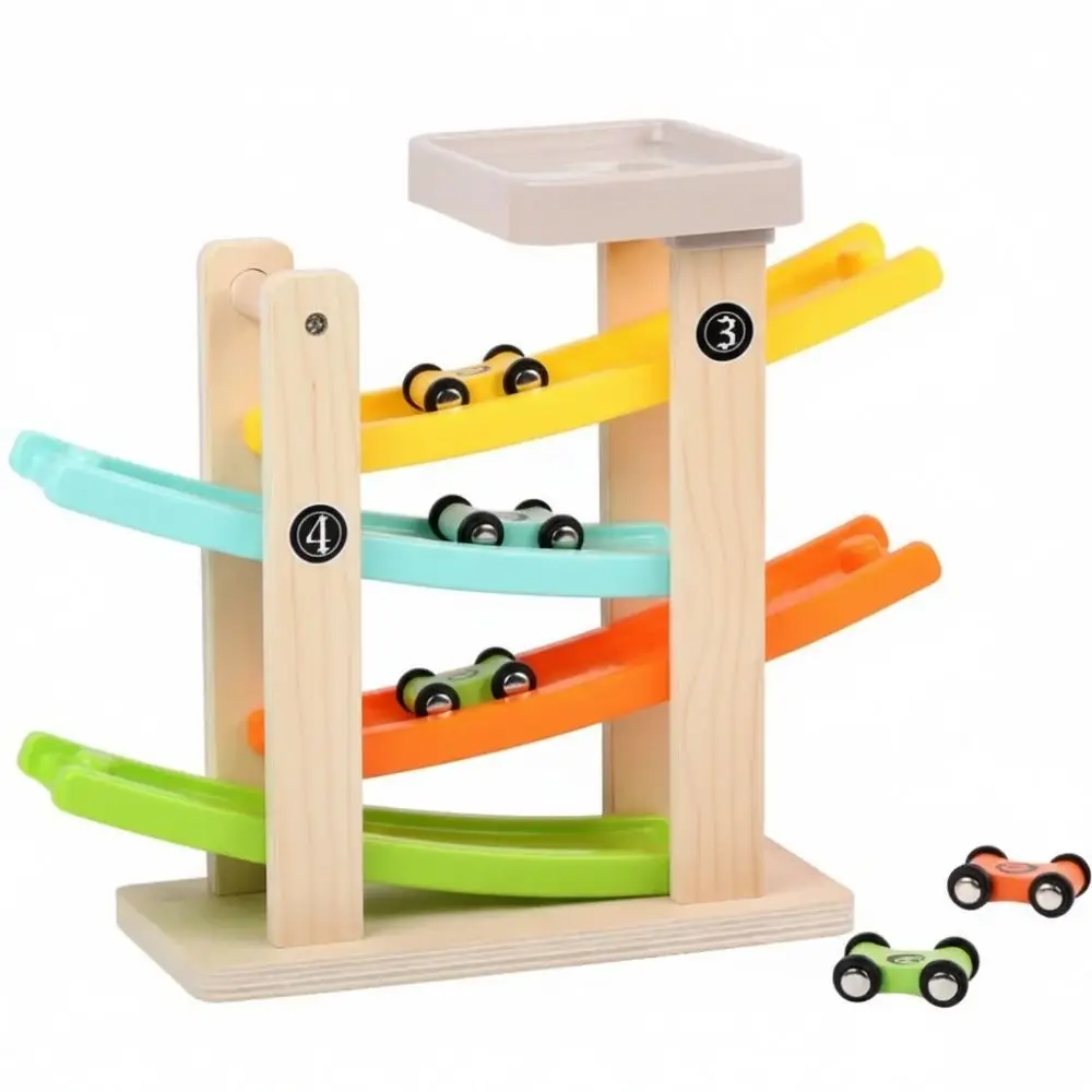 Novo Mini Carro de Madeira Deslizante, Brinquedo de Corrida com Rampa de Madeira, Carro Deslizante Inercial, Modelo de Veículo Colorido e Divertido, Carro de Pista Deslizante para Meninos