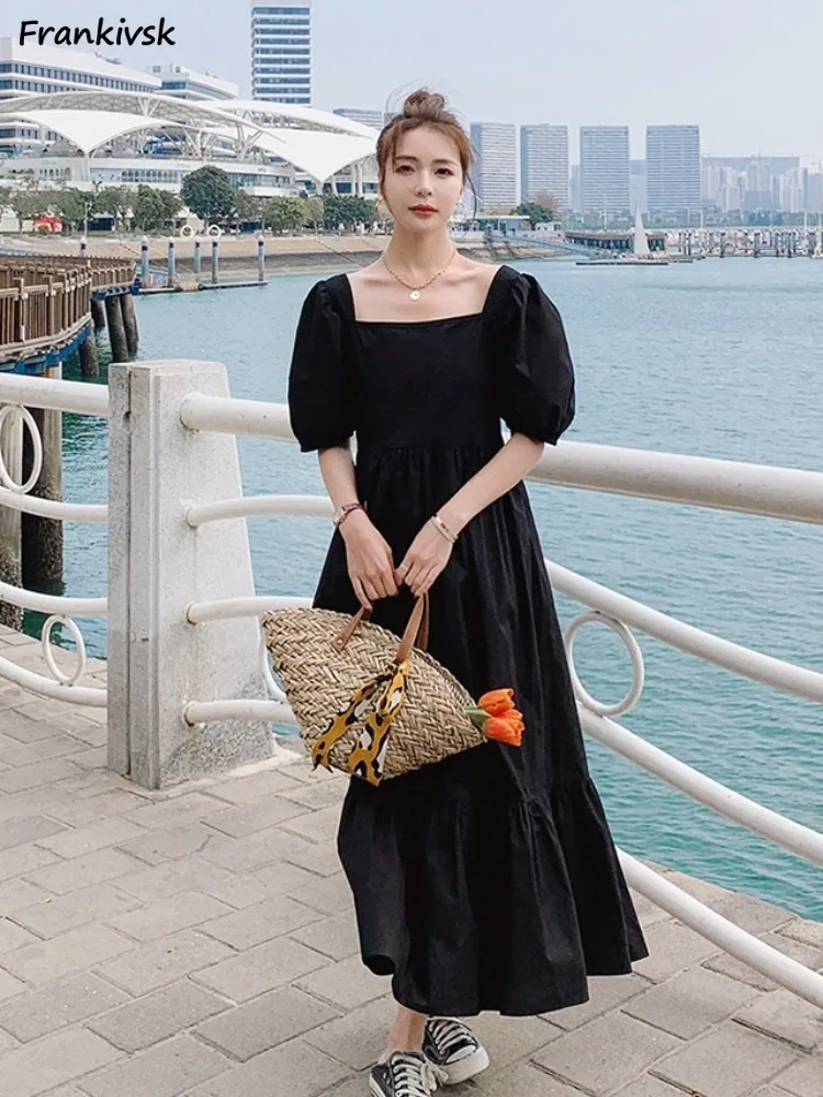 

Dresses Women Temperament Tender Charming Summer Fashion Puff Sleeve Casual Loose French Style Ankle Length Simple Pure Students