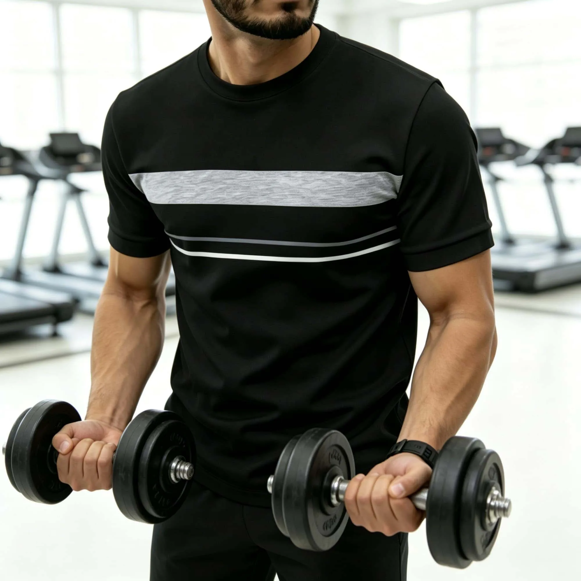 Running Workout T Shirt For Men Black Base Grey White Horizontal Line All Over Print Short Sleeve Lightweig Outdoor Sport Tee
