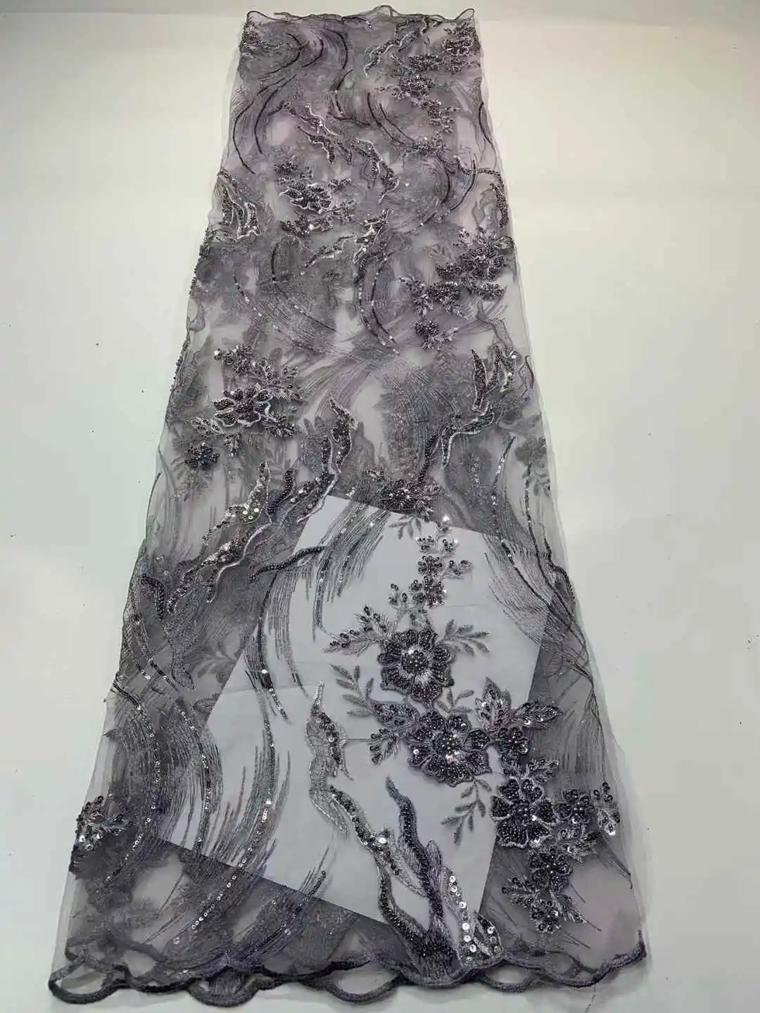 ผ้าลูกไม้ 5 หลา 2025 คุณภาพสูง ประดับด้วยลูกปัดและเลื่อม ผ้าลูกไม้ตาข่ายแอฟริกัน วัสดุแฟชั่นสำหรับผู้หญิง ผ้าลูกไม้หรูหรา
