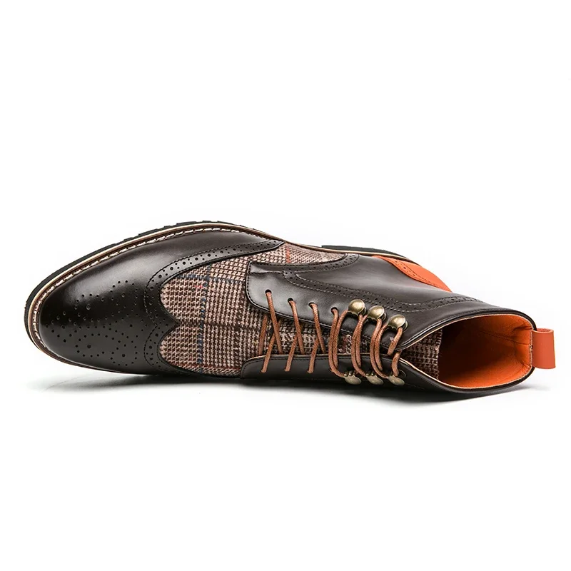 New Brown Men Short Boots Lace-up SquareToe Ankle Strap Gingham Handmade Ankle Boots Cowboy Boots Botas De Hombre