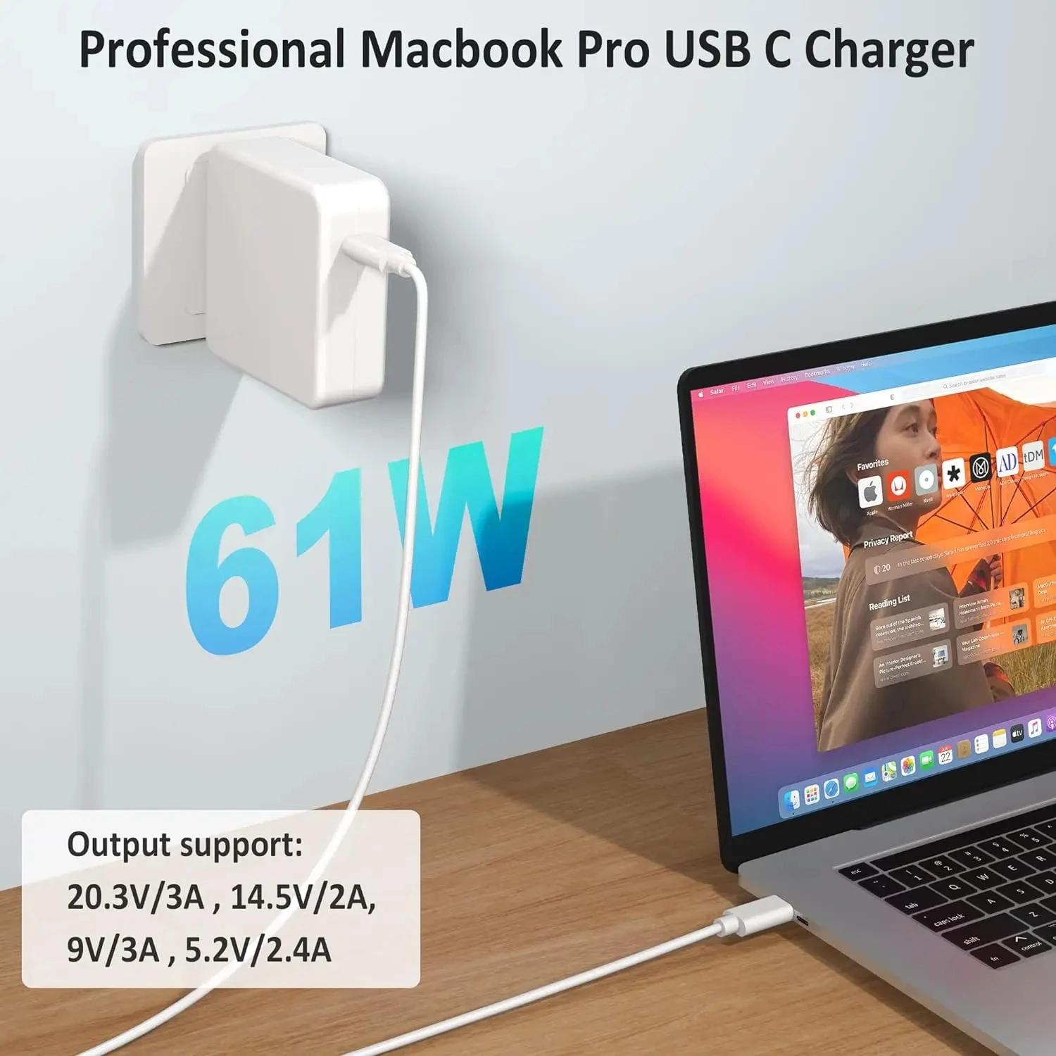 Imagem -02 - Carregador Portátil Usb c para Macbook Air 61w A2337 Macbook Pro A2338 A1706 A1708 m1 m2 Chip Inteligente Adaptador de Energia Usb c