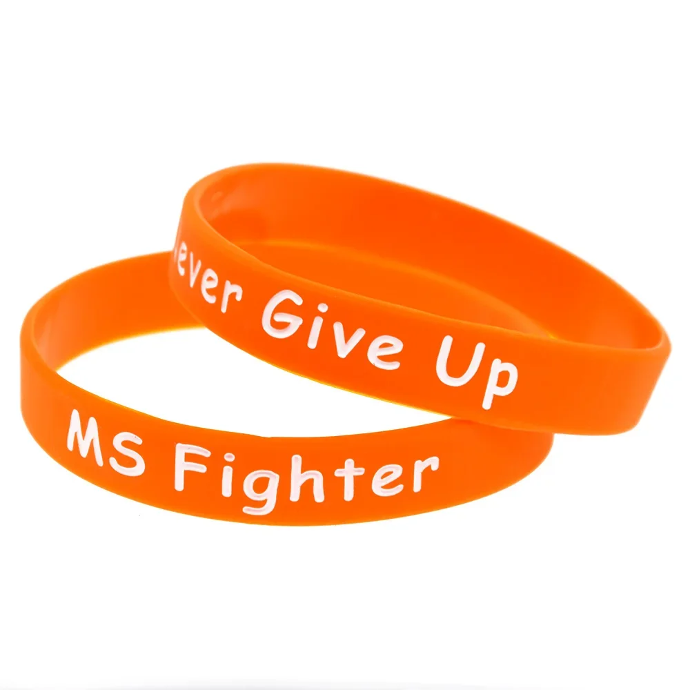 50 Pcs MS Fighter Never Give Up Silicone Bracelet Inspirational Rubber Wristband Orange Adult Size