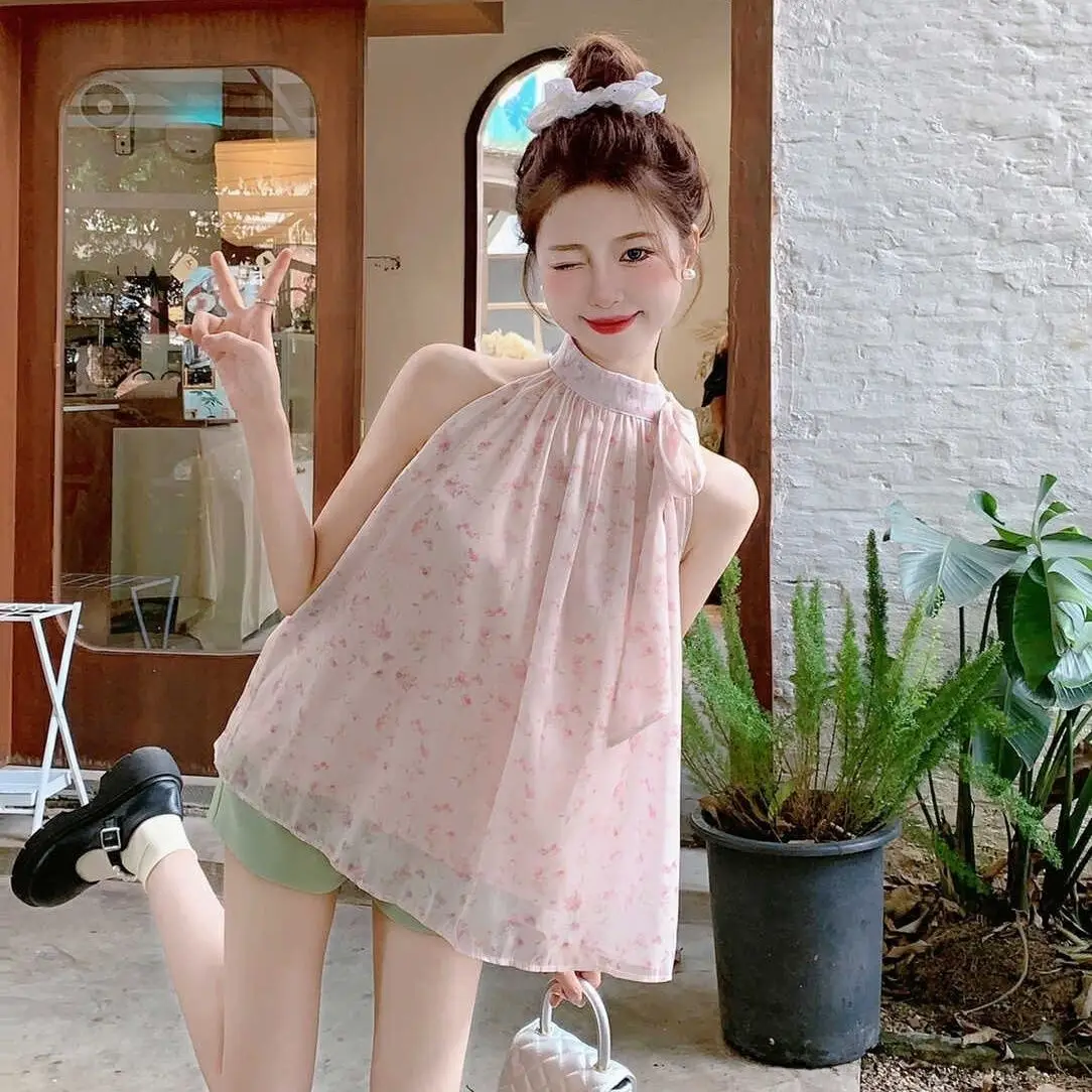 

Gagaok Sweet Hanging Neck Floral Sleeveless Chiffon Shirt Summer New Style Celebrity Off Shoulder High End Unique Top Female Ins