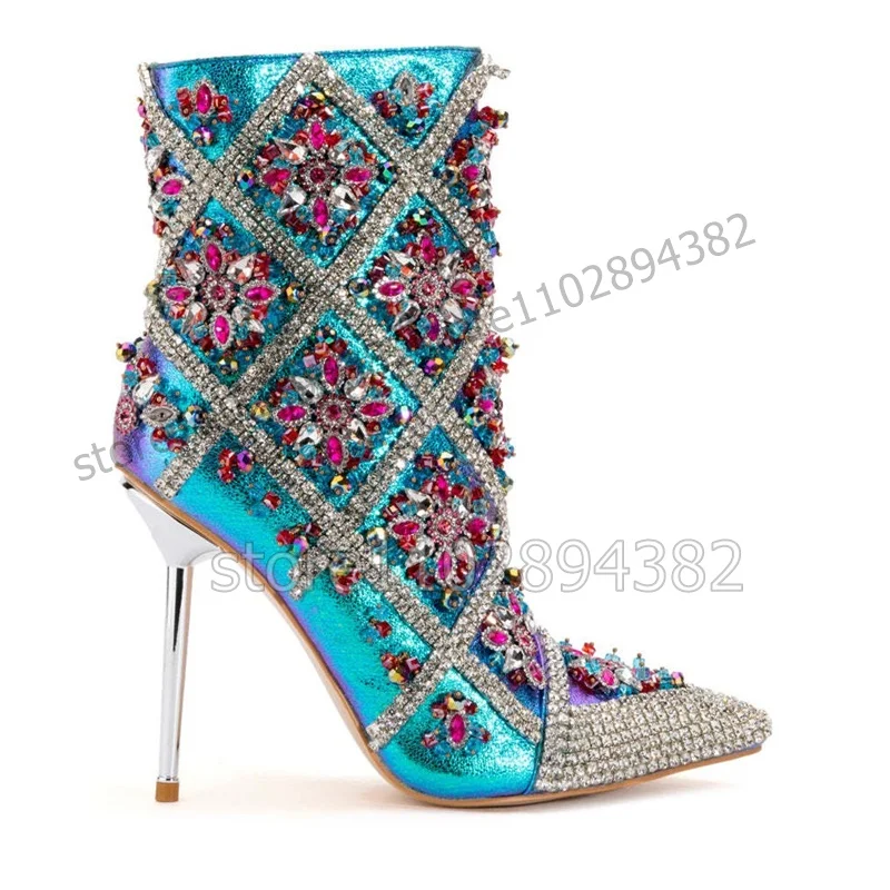 Colorful Jewel Crystal Decor Pointed Toe Ankle Boots Side Zipper Women Shoes Thin High Heels Fashion 2023 Zapatos Para Mujere