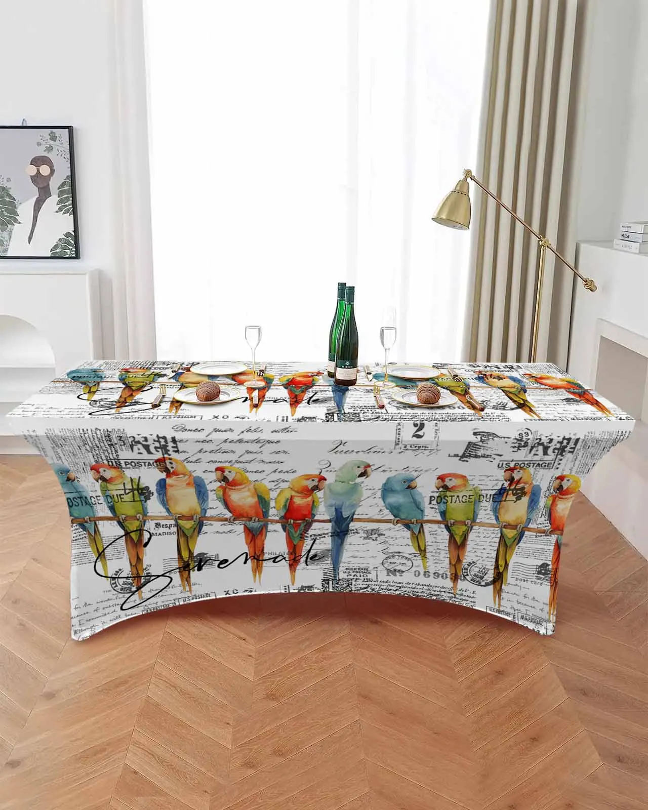 Vintage Parrot Hand Drawn Elastic Table Skirt Wedding Hotel Birthday Table Cover Buffet Table Tablecloth Decor