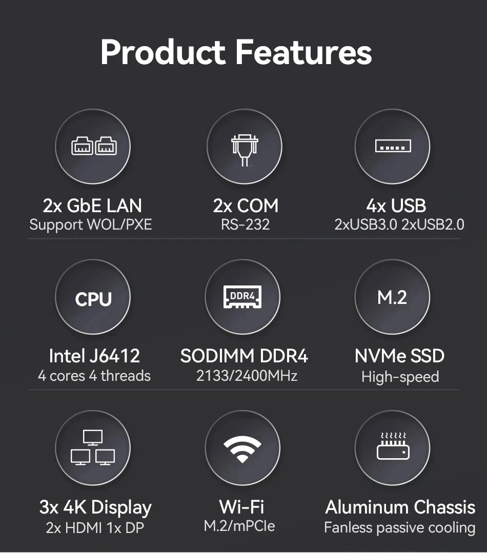 Helorpc Mini PC Industrial com Inter N100/J6412 Suporte WiFi 1xDDR4 2xGbE LAN 2xRS232 4xUSB Computador Compacto Windows10pro Ready