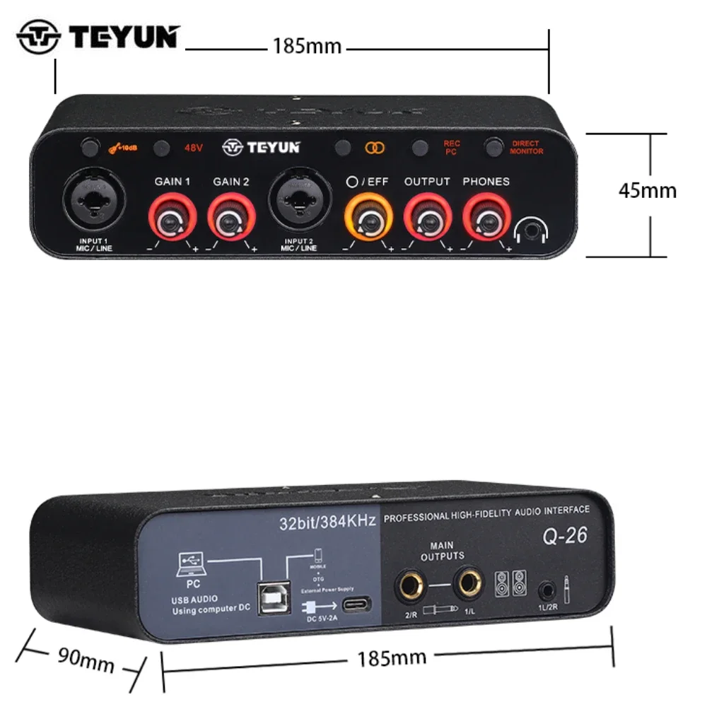 Imagem -06 - Teyun Q26 Canais Profissional Portátil Interface de Áudio Console Placa Som Mini Usb Mixer para Estúdio Gravação Guitarra