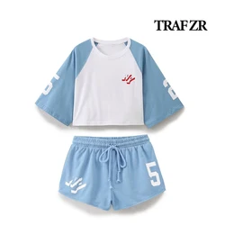 TRAF ZR Summer Short Sets Half Sleeves Crop Top & Strechy Waist Shorts Two Piece Set Women Casual New Complete Crews COTTON