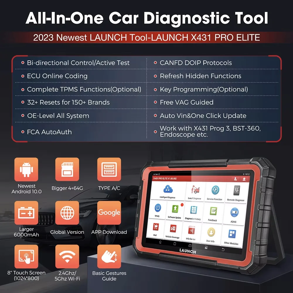 LAUNCH X431 PRO ELITE Car Full System Diagnostic Tools CANFD DOIP ECU CODING Bi-directionnal Control 31+ Reset OBD2 SCANNER