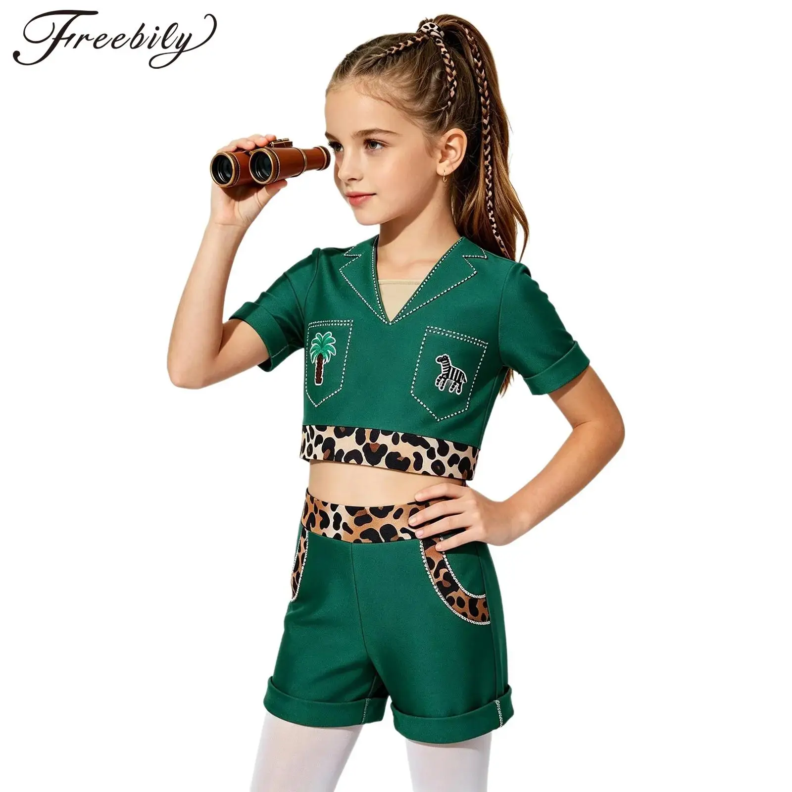 Kids Girls Explorer Adventurer Costume Leopard Print Rhinestone Short Sleeve Crop Top with Shorts for Ballet Dance Gymnastics