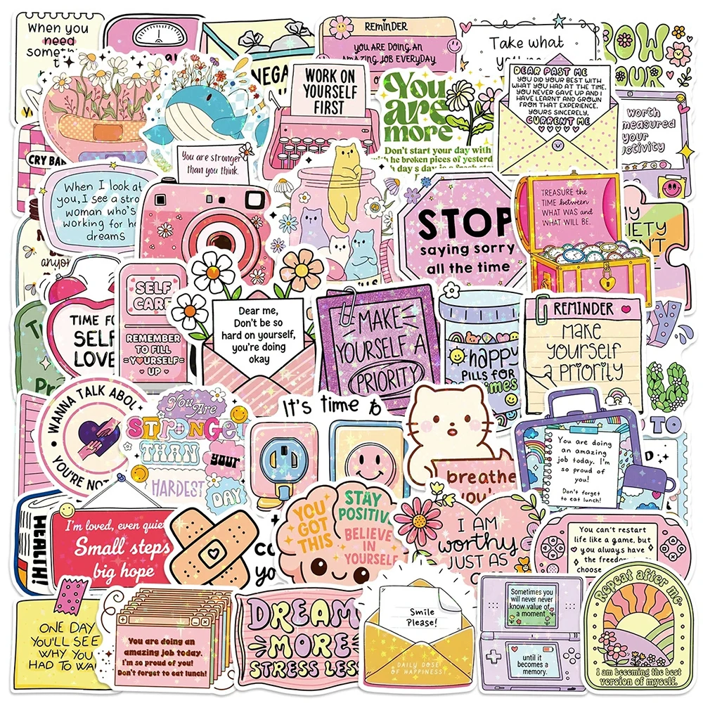 

10/30/50pcs Funny Cartoon Laser Inspirational Quotes Aesthetic Stickers DIY Luggage Phone Scrapbook Waterproof Cute Sticker Pack