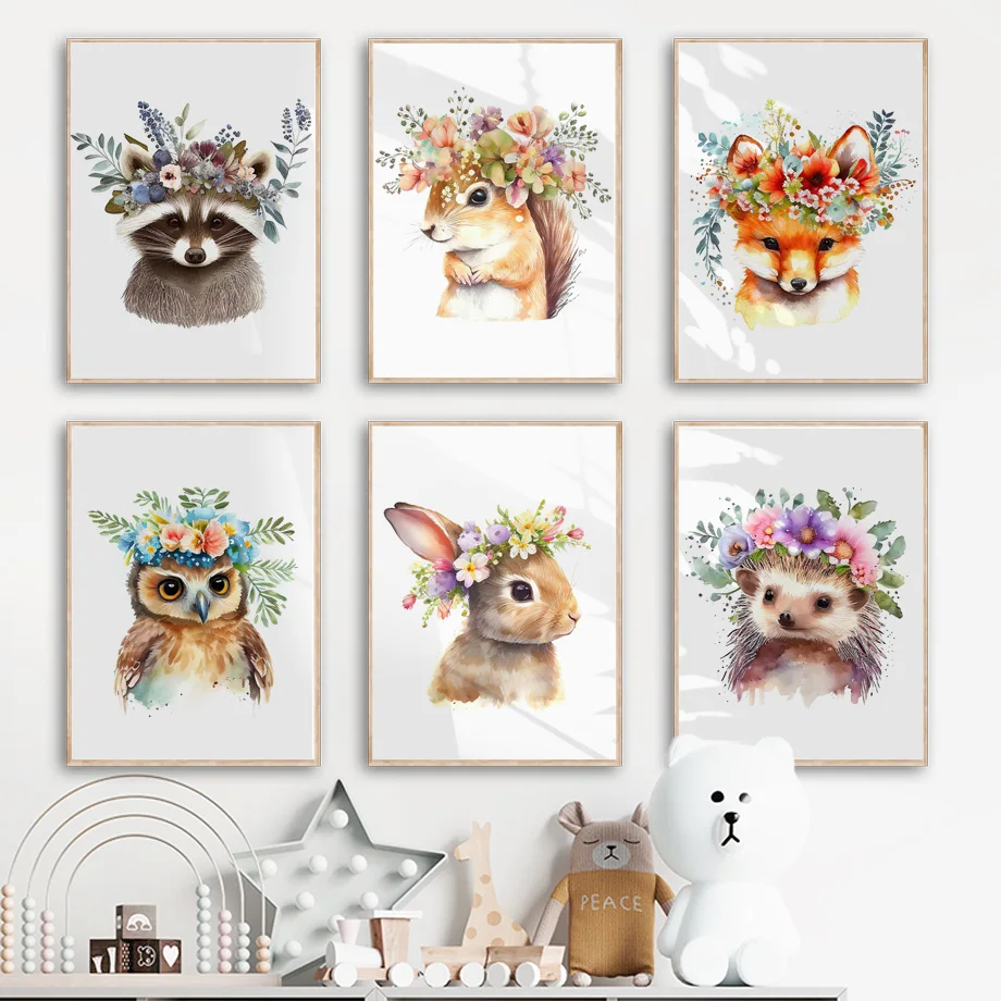 

Woodland Baby Animal Fox Rabbit Squirrel Owl Posters Prints Floral Nursery Wall Art Canvas Painting Modern Kids Bedroom Decor