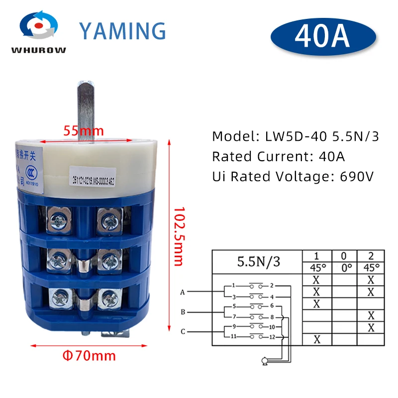 LW5D-40 5.5N/3 Changeover Cam Knob Rotary Switch 3 Layers Positions Silver Contact Manual Control Forward Reverse