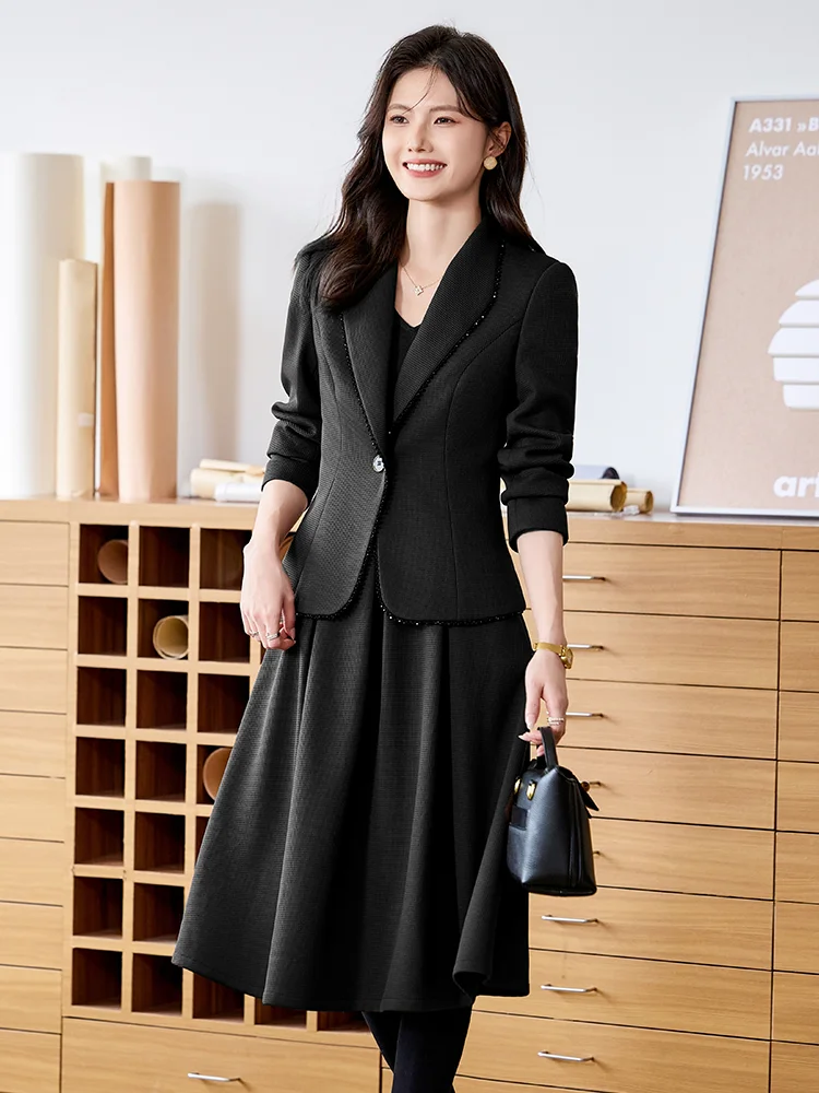 Café Brown Short Suit Jacket Women's Fashionable Spring Autumn Inner Dress Set High Quality Elegant Commute Style Polyester