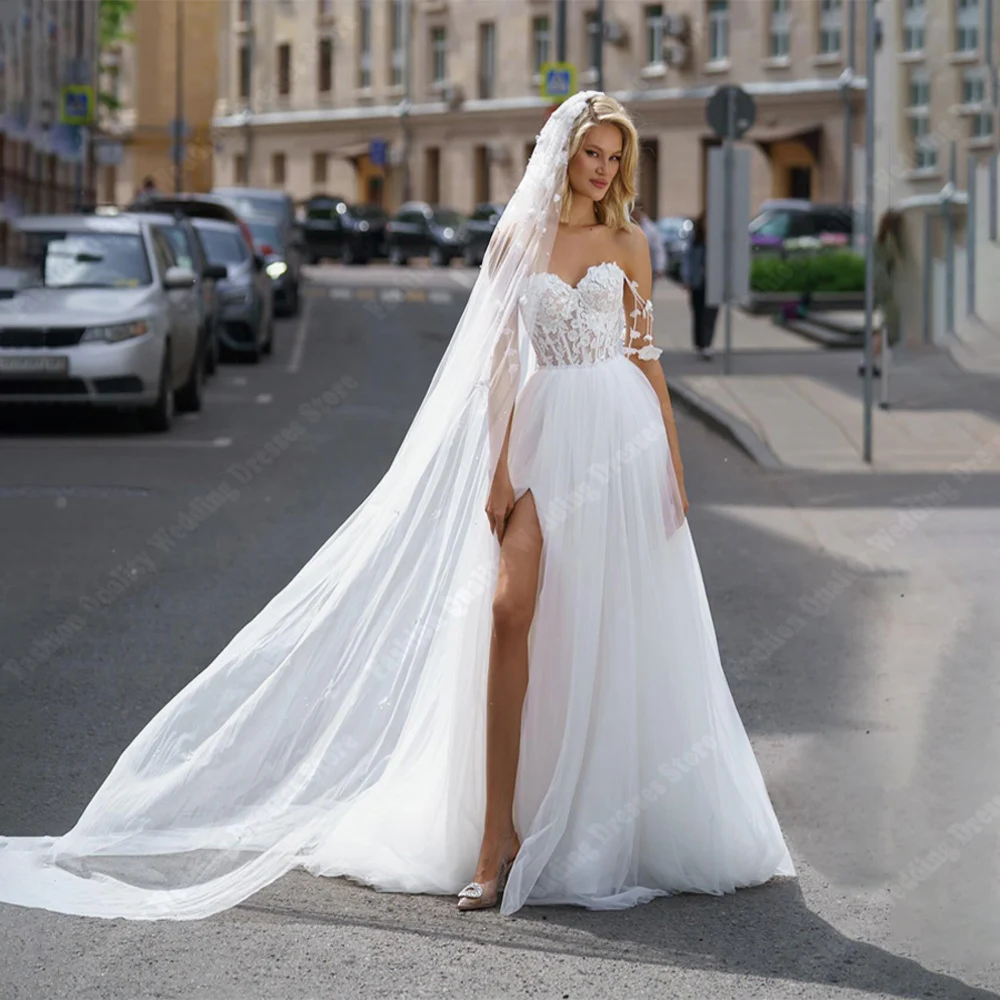 Elegant Sweetheart Collar Women Wedding Dresses Sexy High Fork Bridal Gowns Palace Wedding Mopping Length Lady Vestidos De Noiva