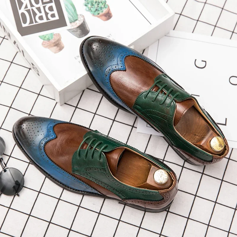 Brown Men\'s Formal Business Shoes Italian Brand Brogue Color Matching Oxford Dress Leather Shoes Men Fashion Wedding Party Shoes