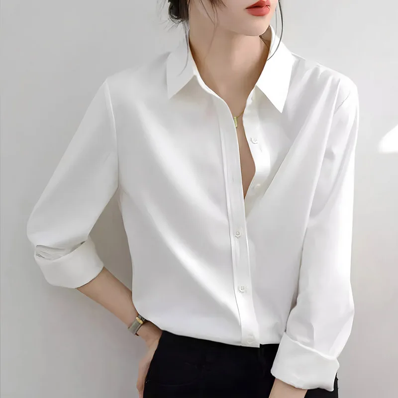 Camicetta da donna elegante bianca con colletto rovesciato primavera autunno nuove camicie da ufficio larghe casual monopetto stile francese femminile