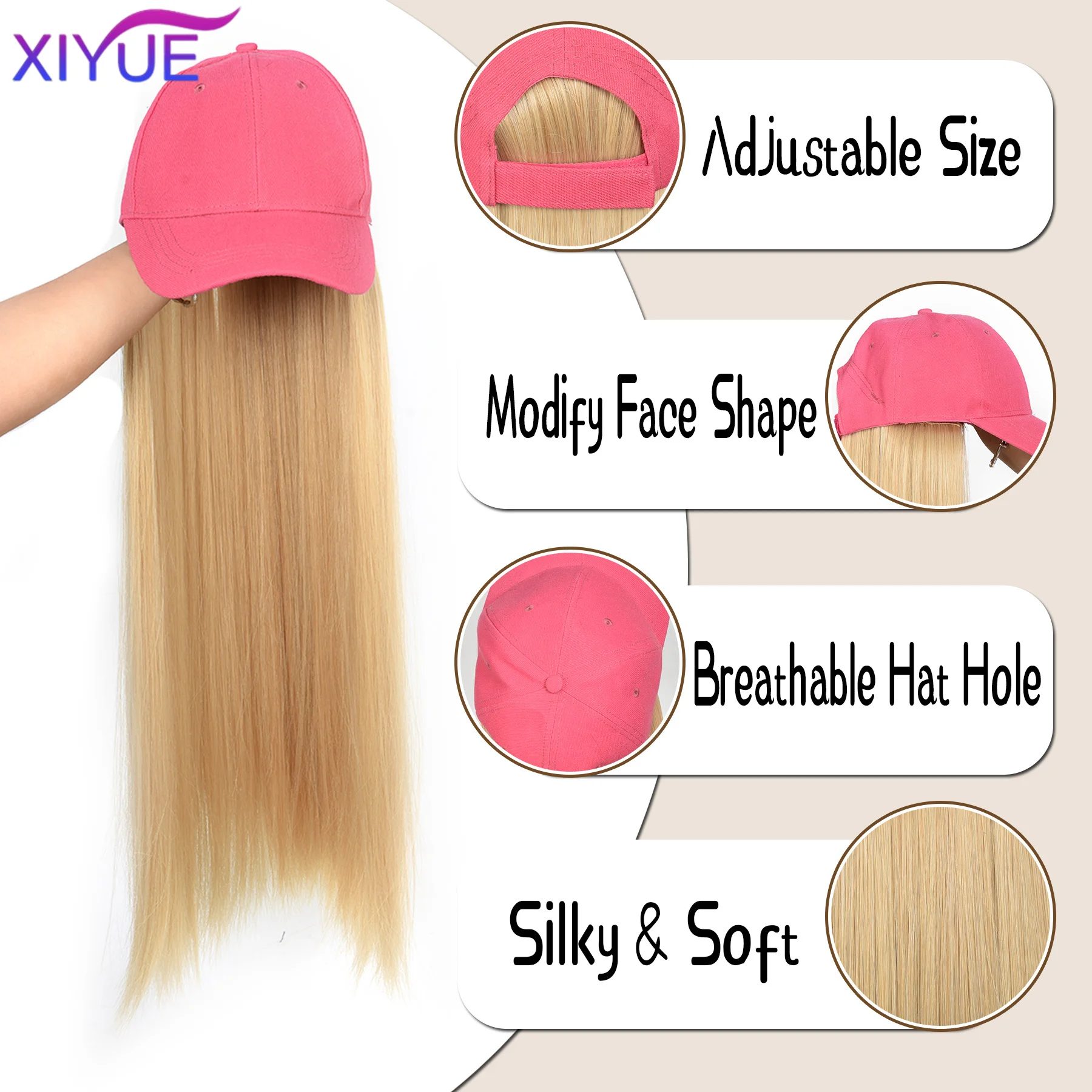 XIYUE Hat Wig for Women Long Wave Baseball Cap Wig with Wavy Hair Extensions Synthetic Wavy Wig Hat Wig Adjustable For Women ﻿