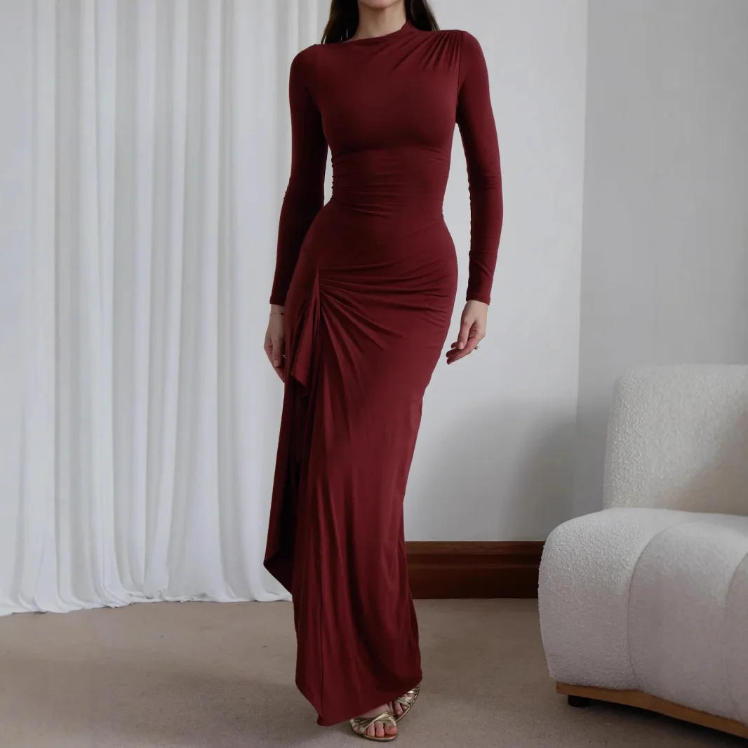 Elegant White Pleated Dresses Womens O-neck Long Sleeve Curvy Split Hip Package Party Dress Winter Lady Evening Robe Black Red