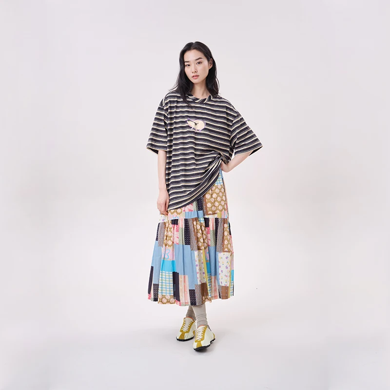 MOVEUP Women's Fun Series Striped T-Shirt 2026 Summer Crew Neck Dropped Sleeve Cartoon Animal Print Loose Commuter Tee 3ELX10404