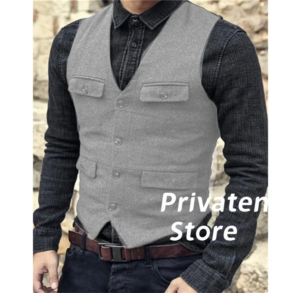 Chaleco de espiga con cuello en V y bolsillos para hombre, traje informal Retro británico de color personalizado para vestido de novia