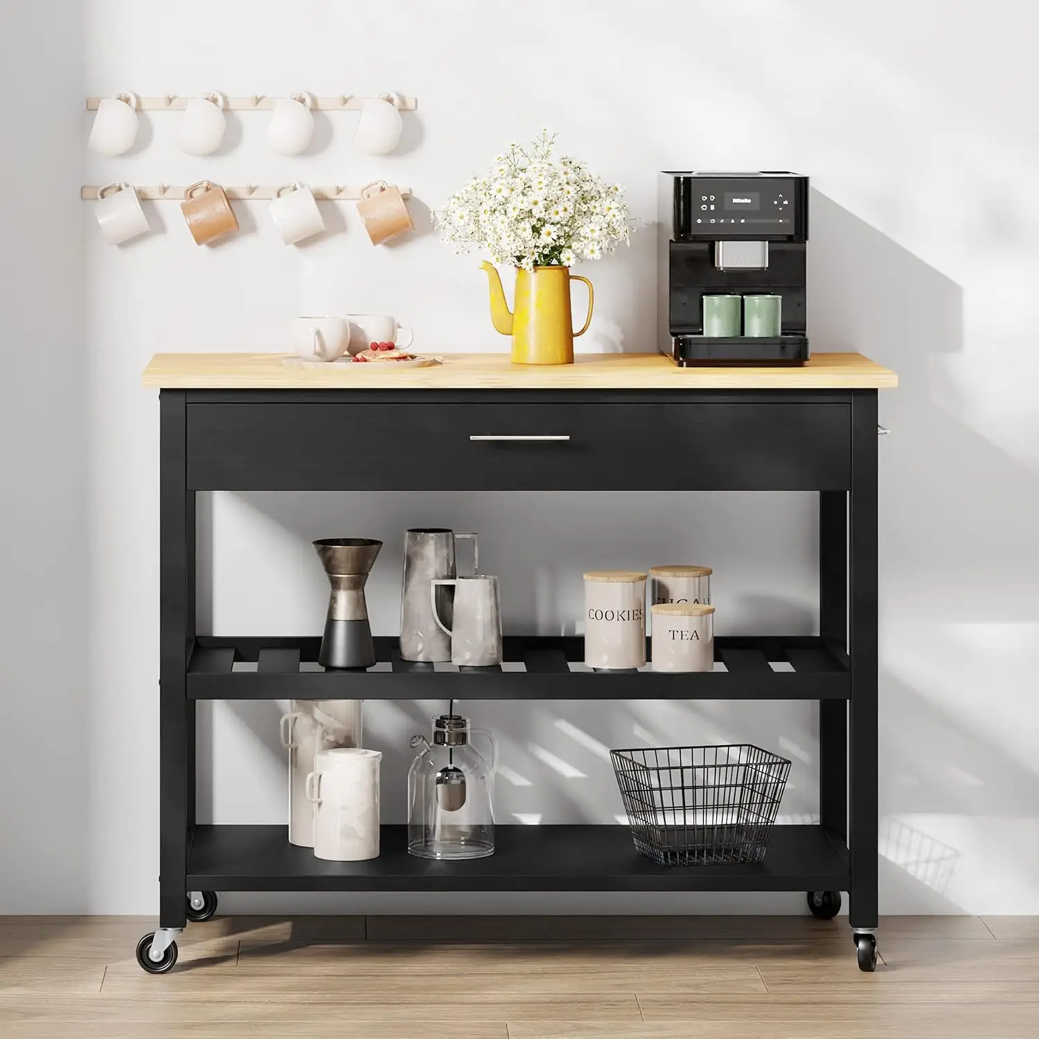 Rolling Kitchen Island Cart on Wheels with Large Worktop Storage Cabinet Drawers Towel Rack and Open Shelves Mobile Prep Station Side Table for Kitchen Dining Room Black