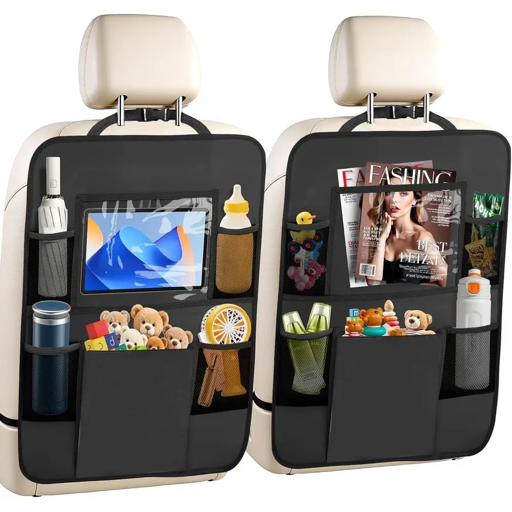 2 Pack Car Backseat Organizer with Touch Screen Tablet Holder, 6 Storage Pockets, Protect Kick Mats, Car Back Seat Cover Protect